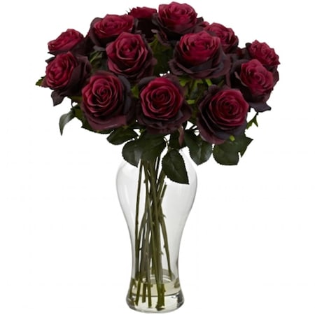 Nearly Natural Blooming Roses With Vase - Burgundy 1328-BG